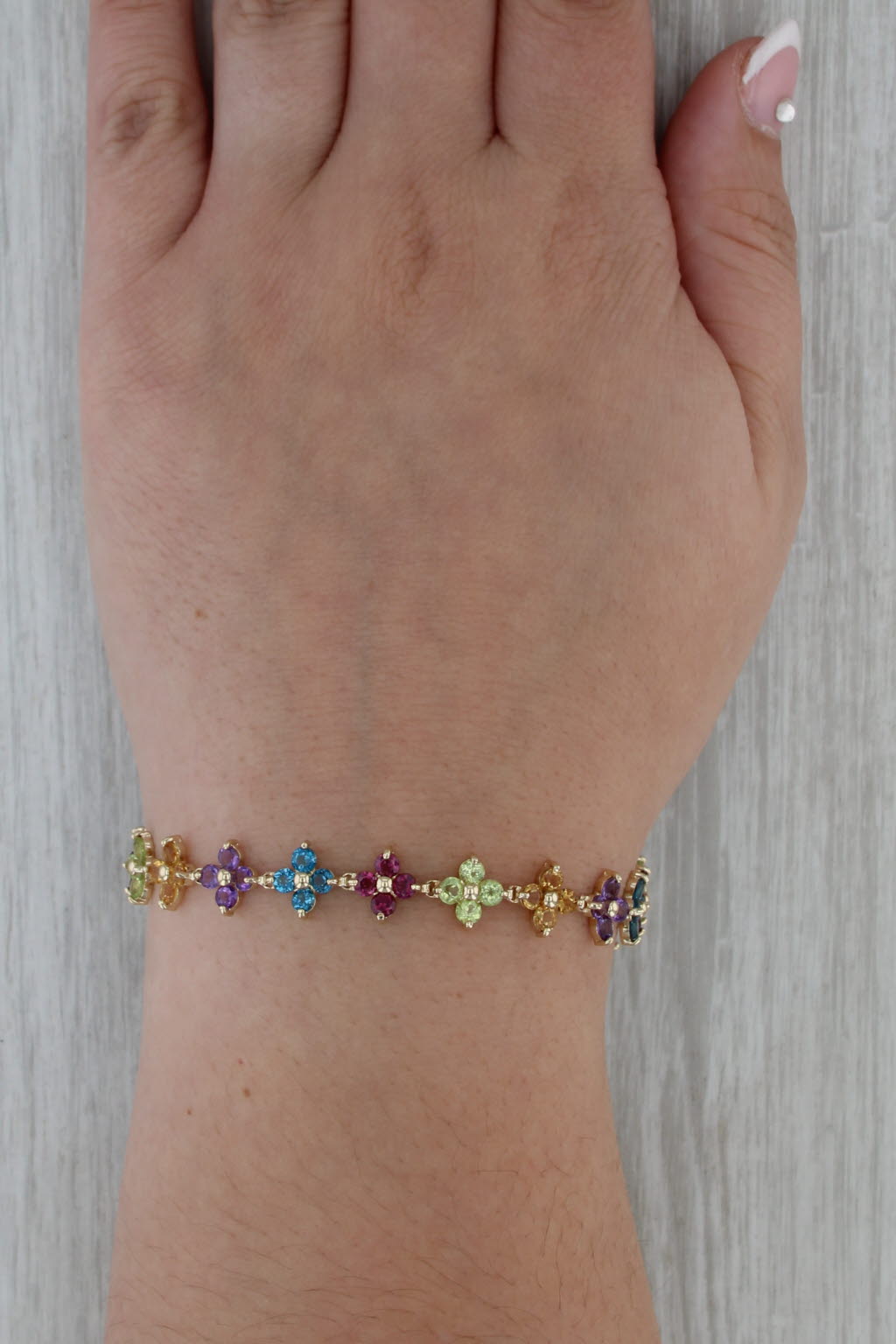 6.50ctw Gemstone Flower Bracelet 14k Gold Citrine Peridot Garnet Topaz Amethyst