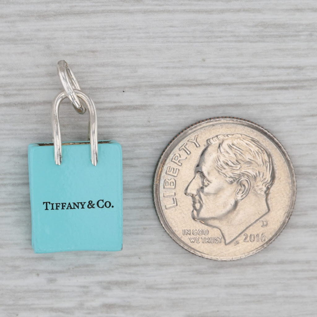 Gray Tiffany & Co Silver Blue Enamel Shopping Bag Charm Sterling Silver Pendant