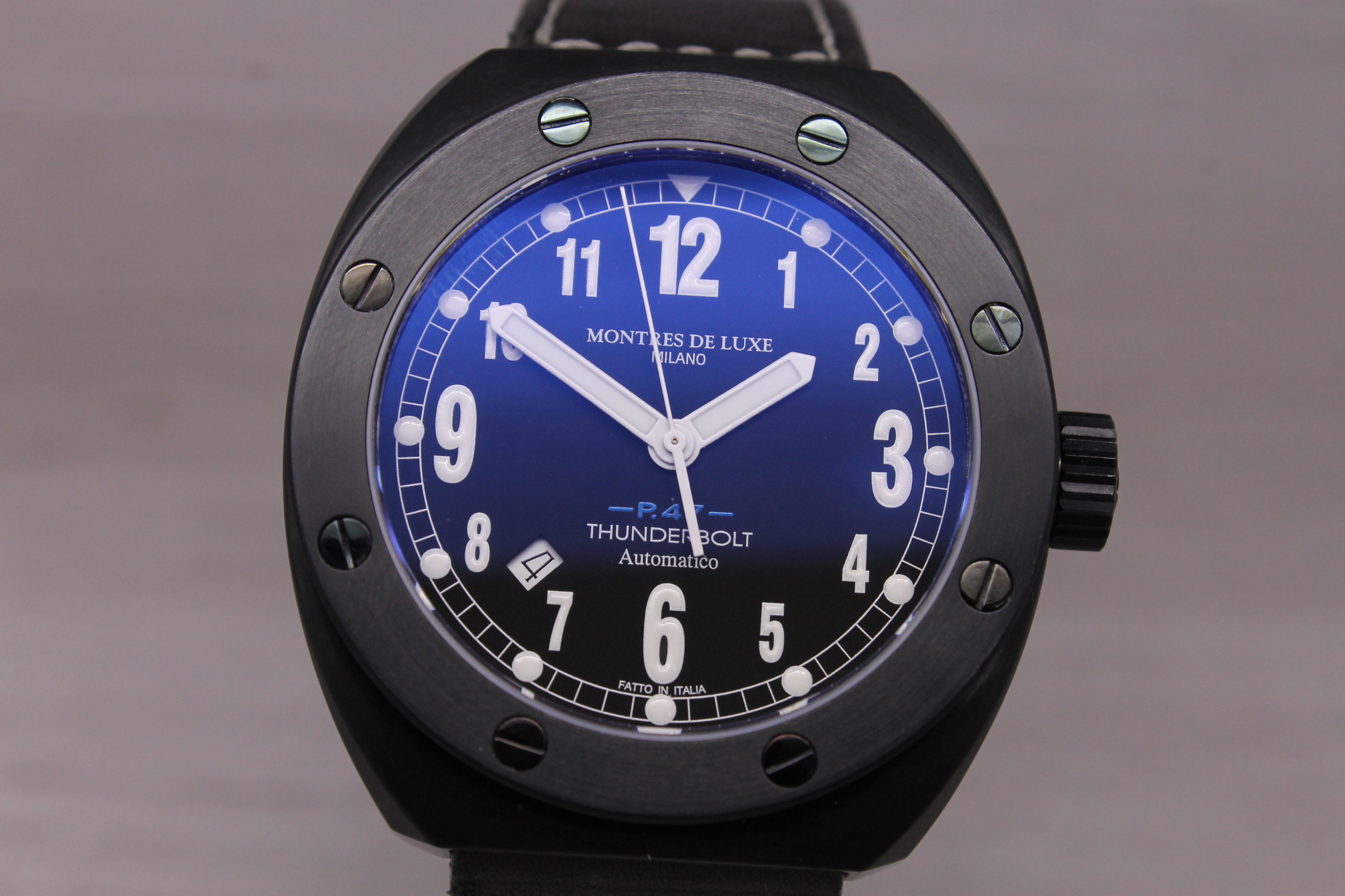 Montres Milano P47 Thunderbolt 43mm Black PVD Steel Automatic Watch w Box Italy