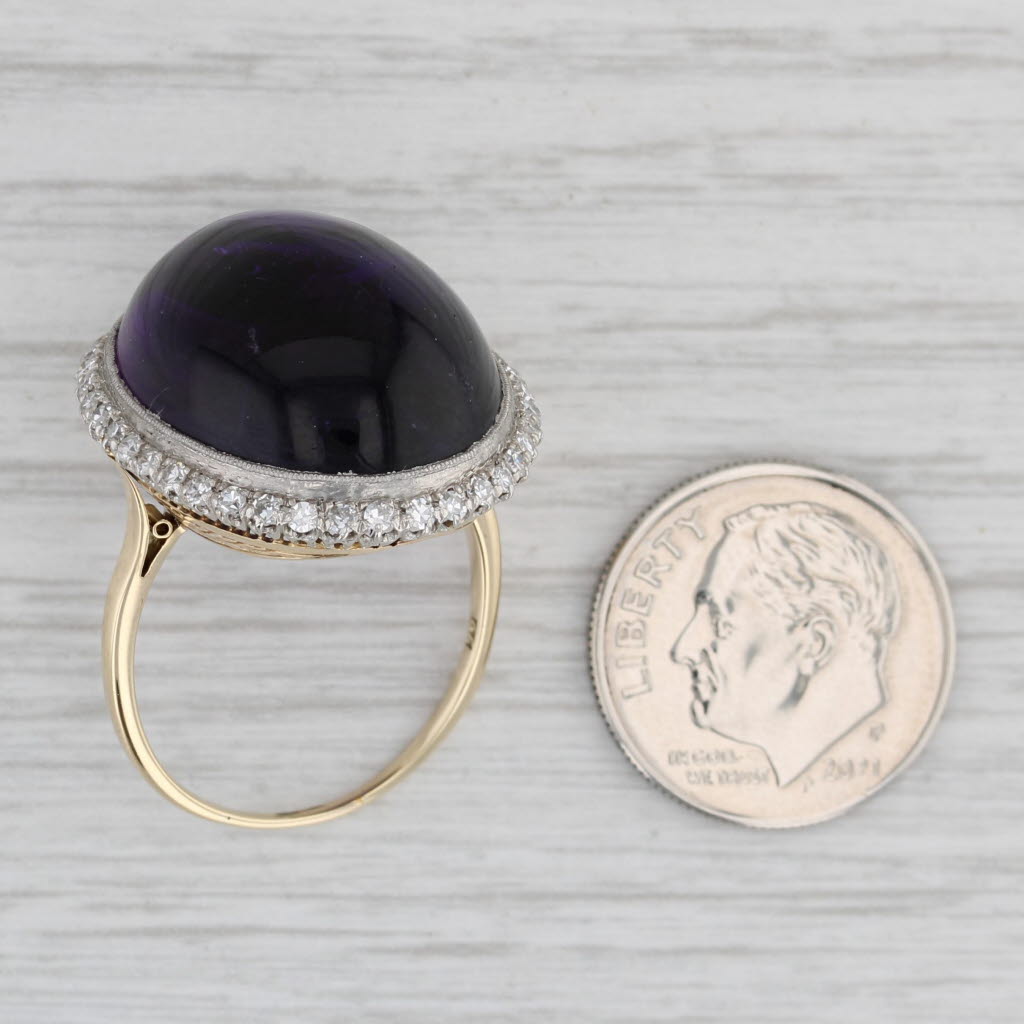 Gray Vintage Amethyst Cabochon Diamond Halo Cocktail Ring 14k Yellow Gold Platinum