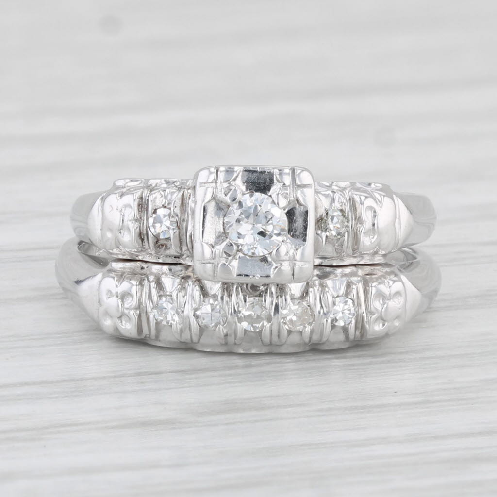 Light Gray 0.14ctw Diamond Engagement Ring Wedding Band Bridal Set 14k Gold Size 4