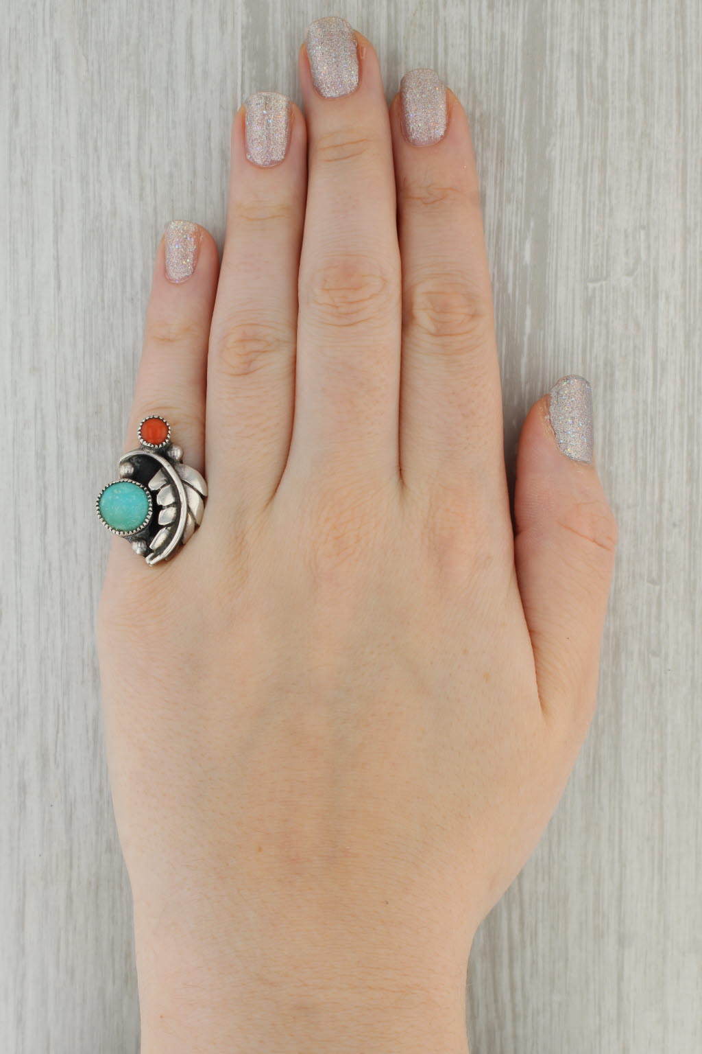Dark Gray Vintage Native American Turquoise Coral Leaf Statement Ring Sterling Silver