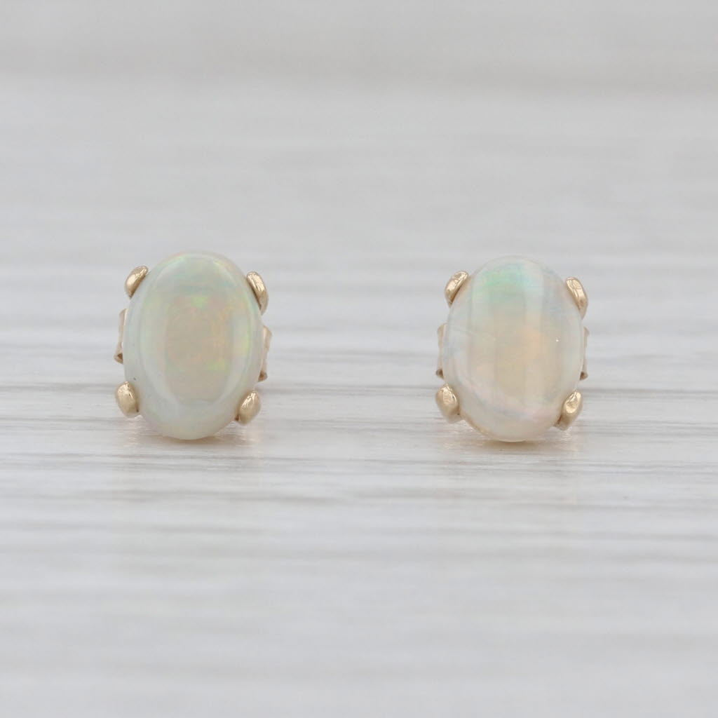 Opal Stud Earrings 14k Yellow Gold Oval Cabochon Solitaire Studs