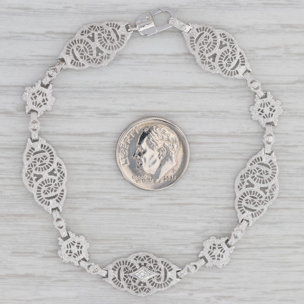 Gray Art Deco Filigree Diamond Accented Bracelet 10k White Gold 7.25"