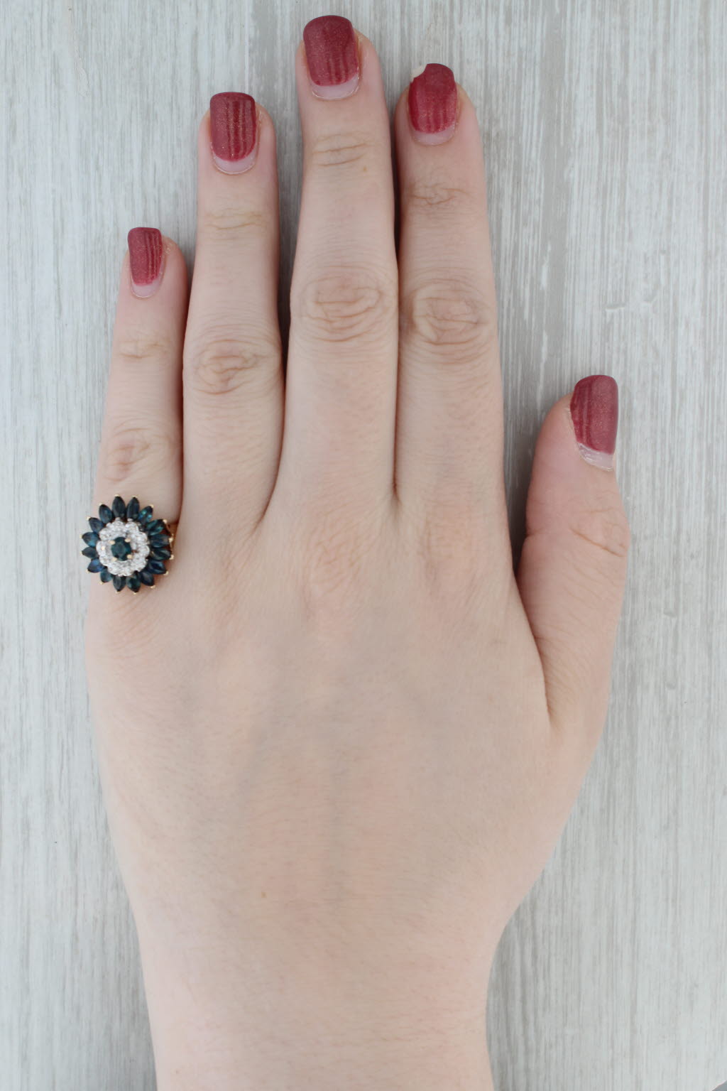 Gray 3.34ctw Blue Sapphire Diamond Flower Ring 10k Yellow Gold Size 6.25 Cocktail