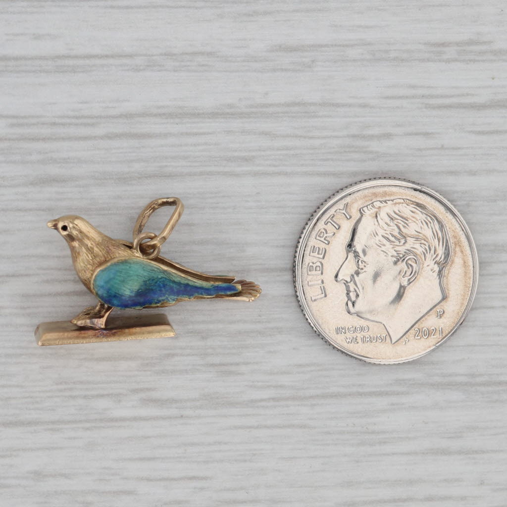Gray Vintage Enamel 3D Blue Bird Charm Pendant 18K Yellow