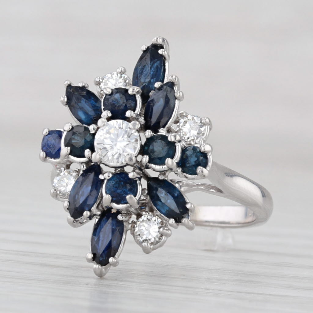 2.17ctw Blue Sapphire Diamond Cluster Cocktail Ring 14k White Gold Size 6.75