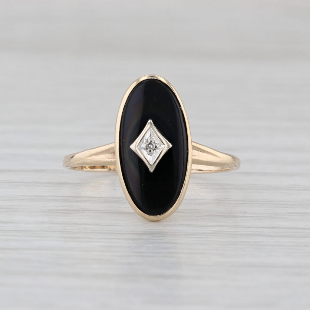 Vintage Onyx Diamond Signet Ring 10k Yellow Gold Size 6.25