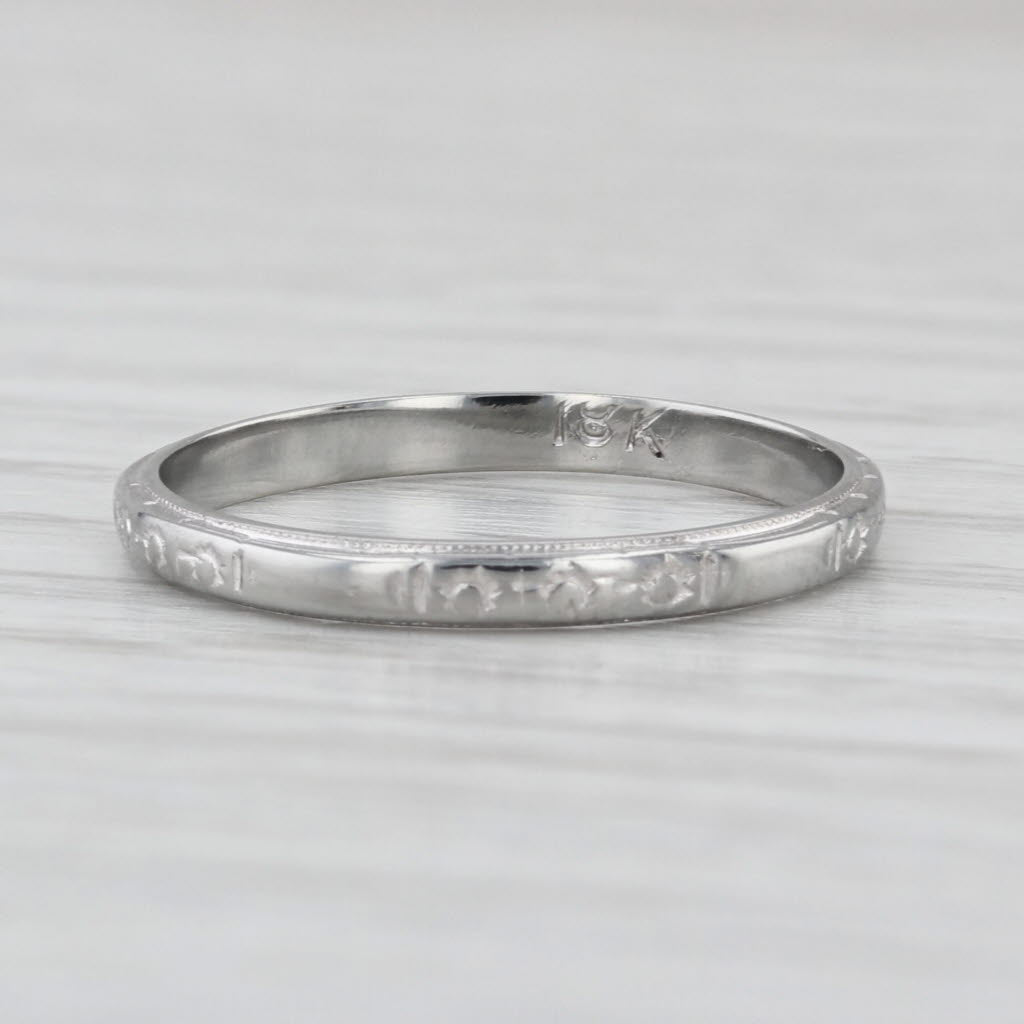 Art Deco Floral Engraved Wedding Band 18k White Gold Stackable Ring Size 6