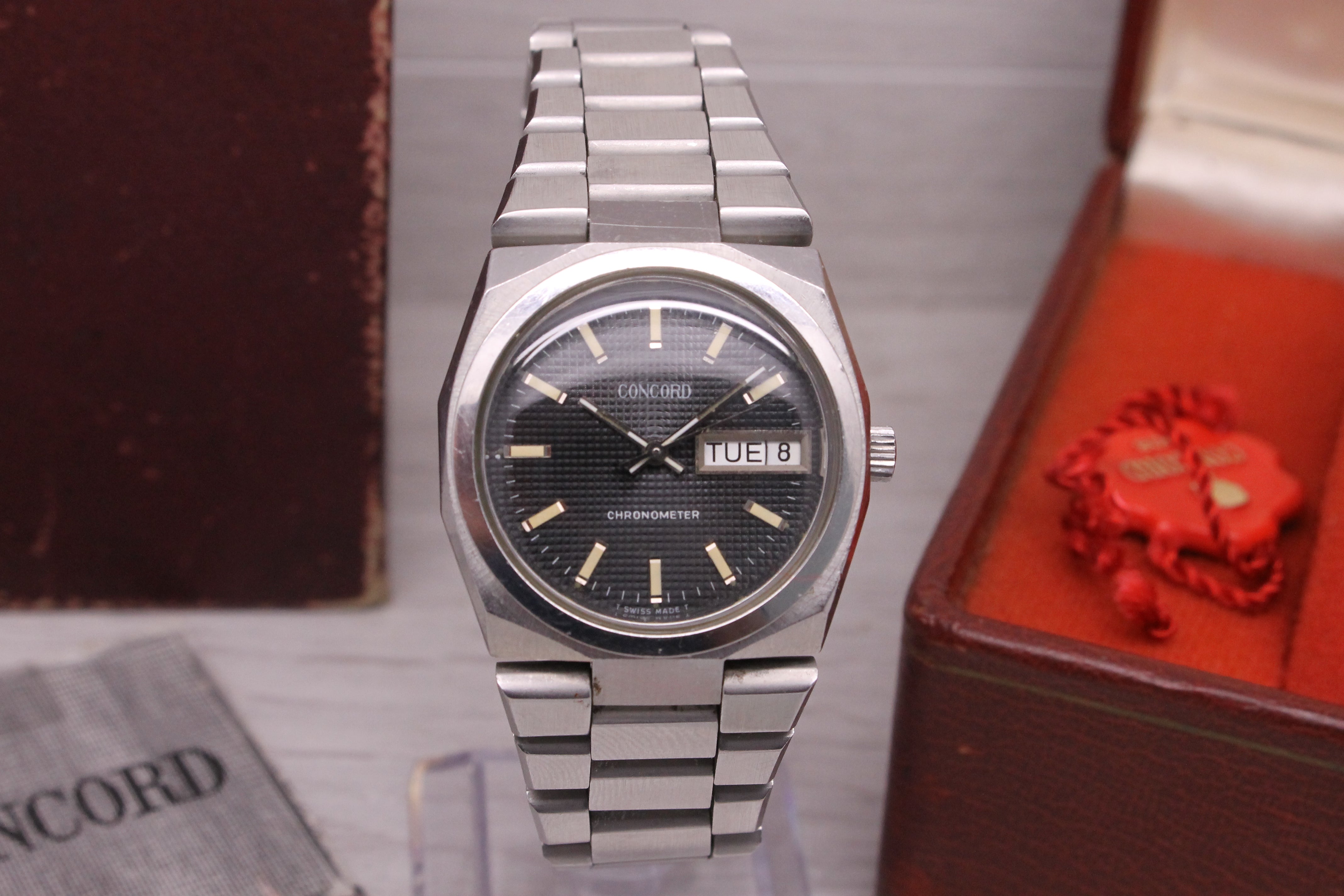 Dim Gray Vintage 1970's Concord Chronometer Mens Steel Integrated Sport Watch w Box COSC