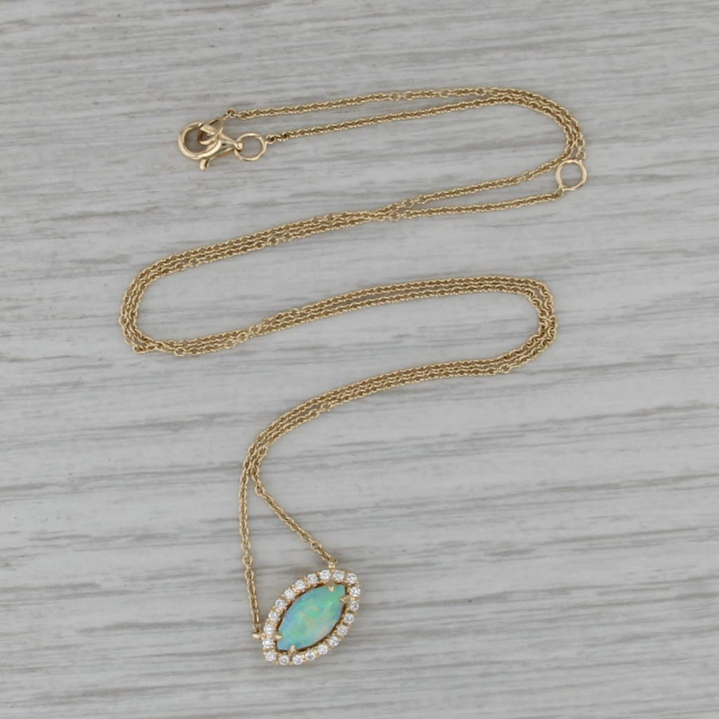 New Opal Diamond Halo Pendant Necklace 14k Yellow Gold 16" 18" Cable Chain