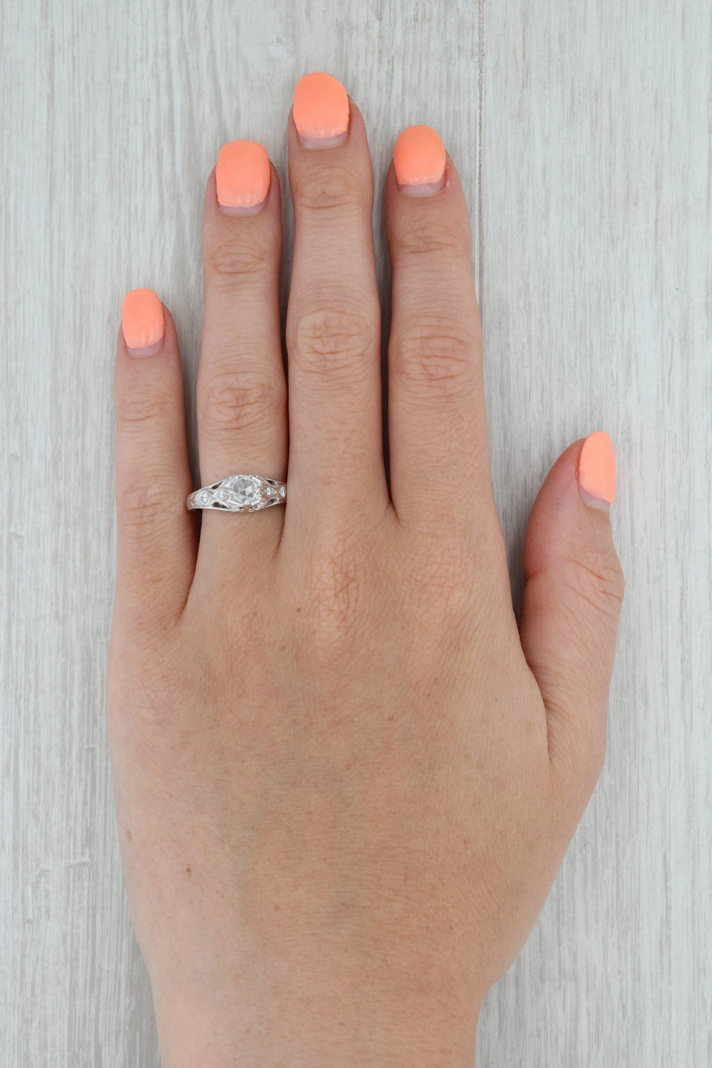 New Floral Diamond Engagement Ring 14k White Gold Size 6.5 Rose Cut Solitaire