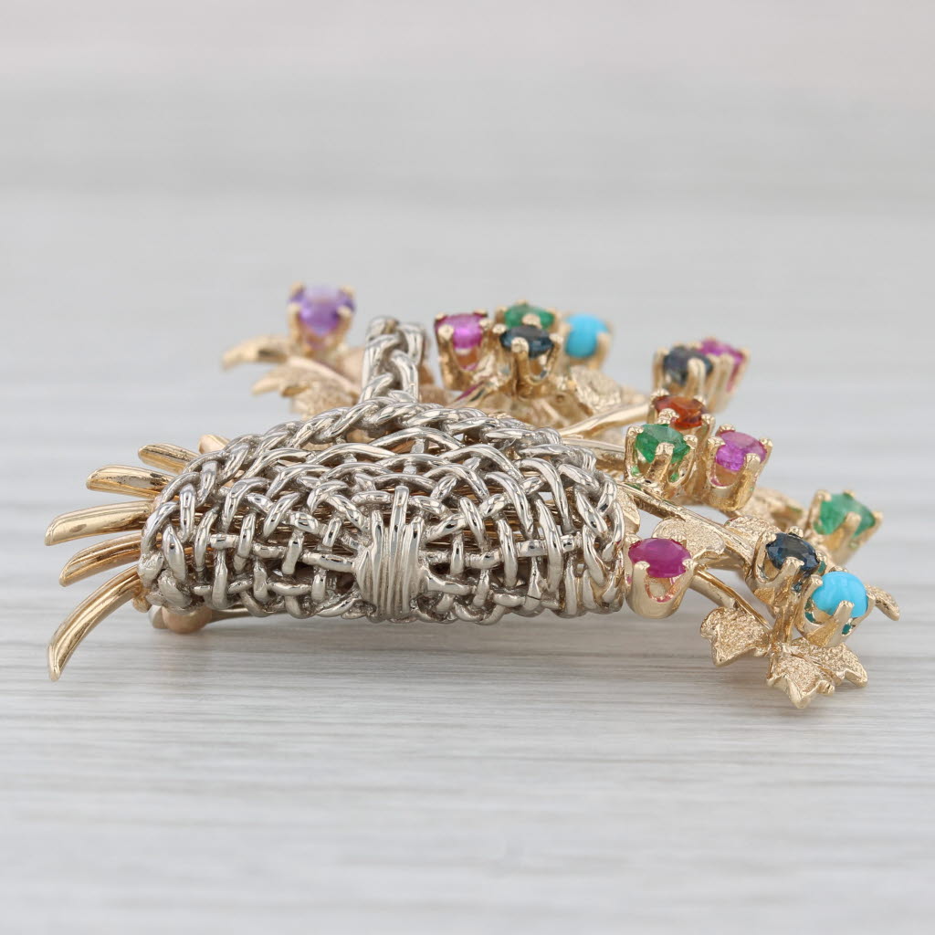 Light Gray Multistone Emerald Ruby Sapphire 14k Yellow Gold Flower Basket Brooch
