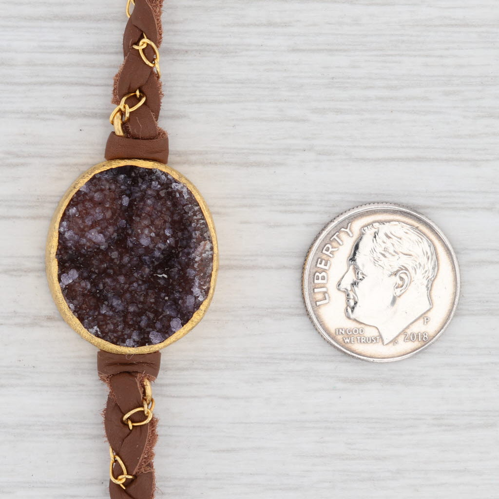 New Nina Wynn Necklace Cordelia Woven Brown Leather Amethyst Druzy