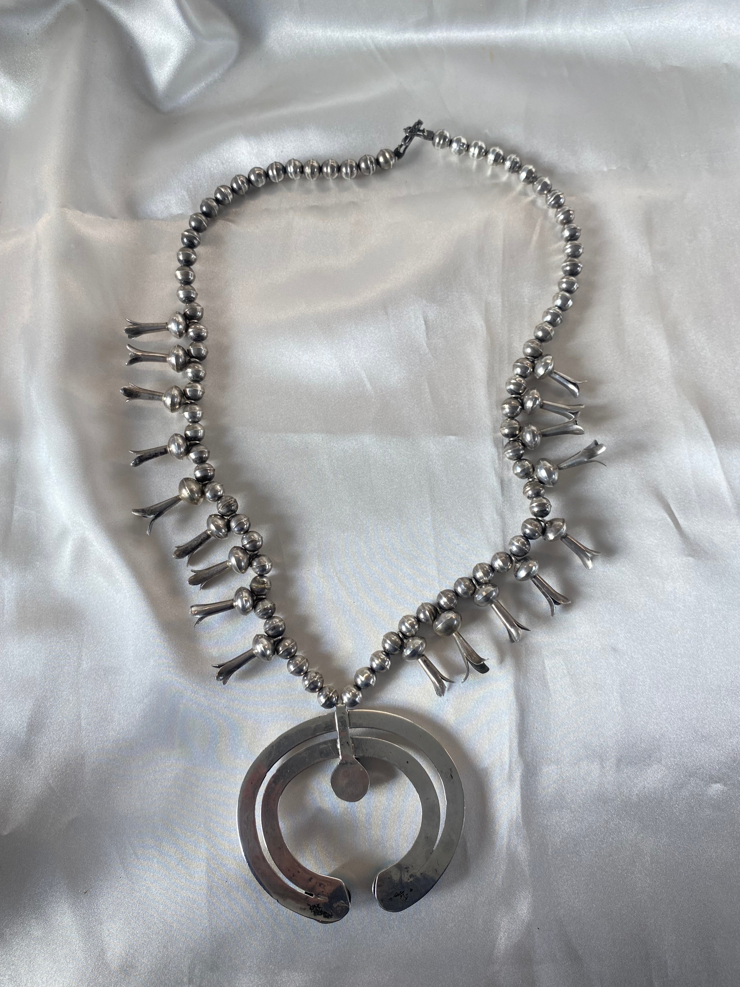 Vintage Native American Large Squash Blossom Necklace Turquoise Sterling Silver