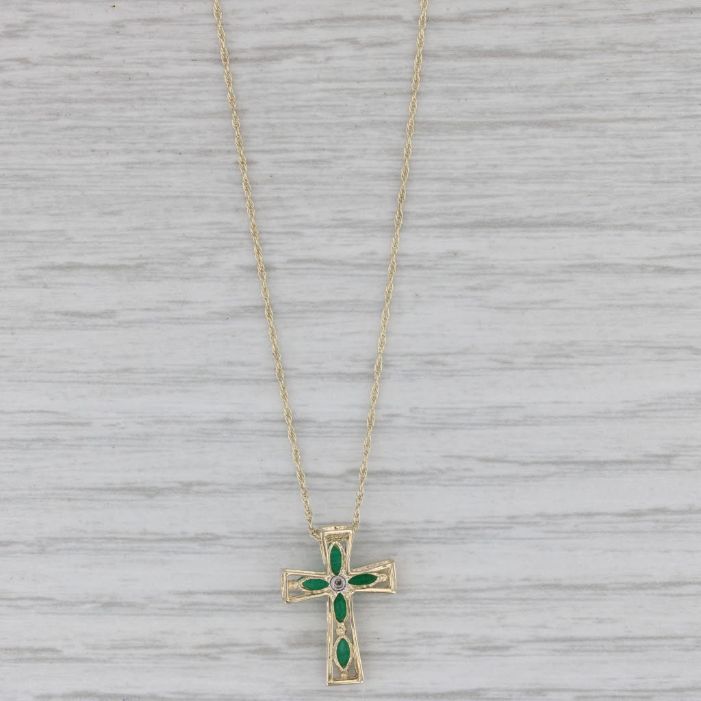 Gray 0.38ctw Emerald Diamond Cross Pendant Necklace 10k Yellow Gold 18" Rope Chain