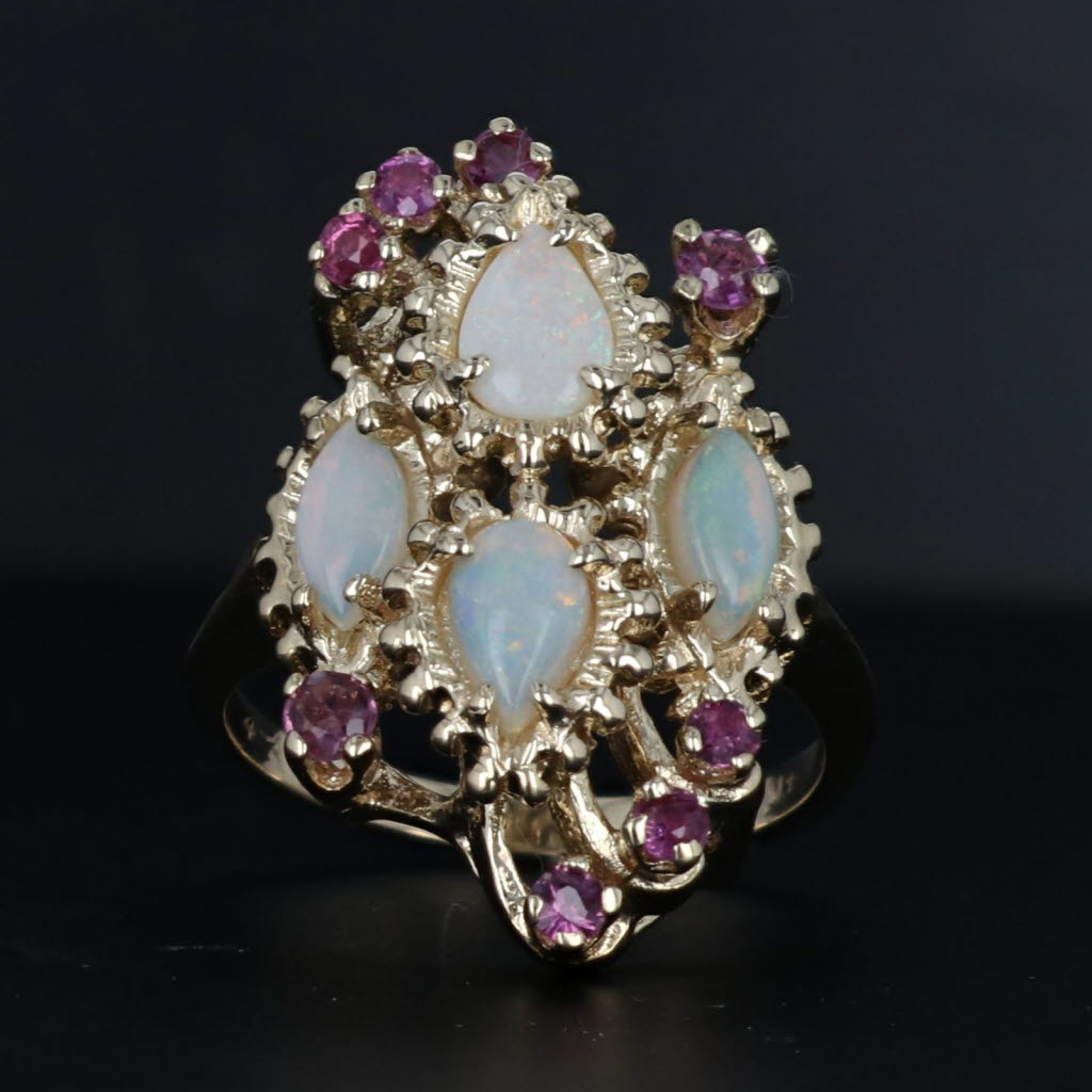Black Opal Ruby Cluster Ring 14k Yellow Gold Size 6 Cocktail