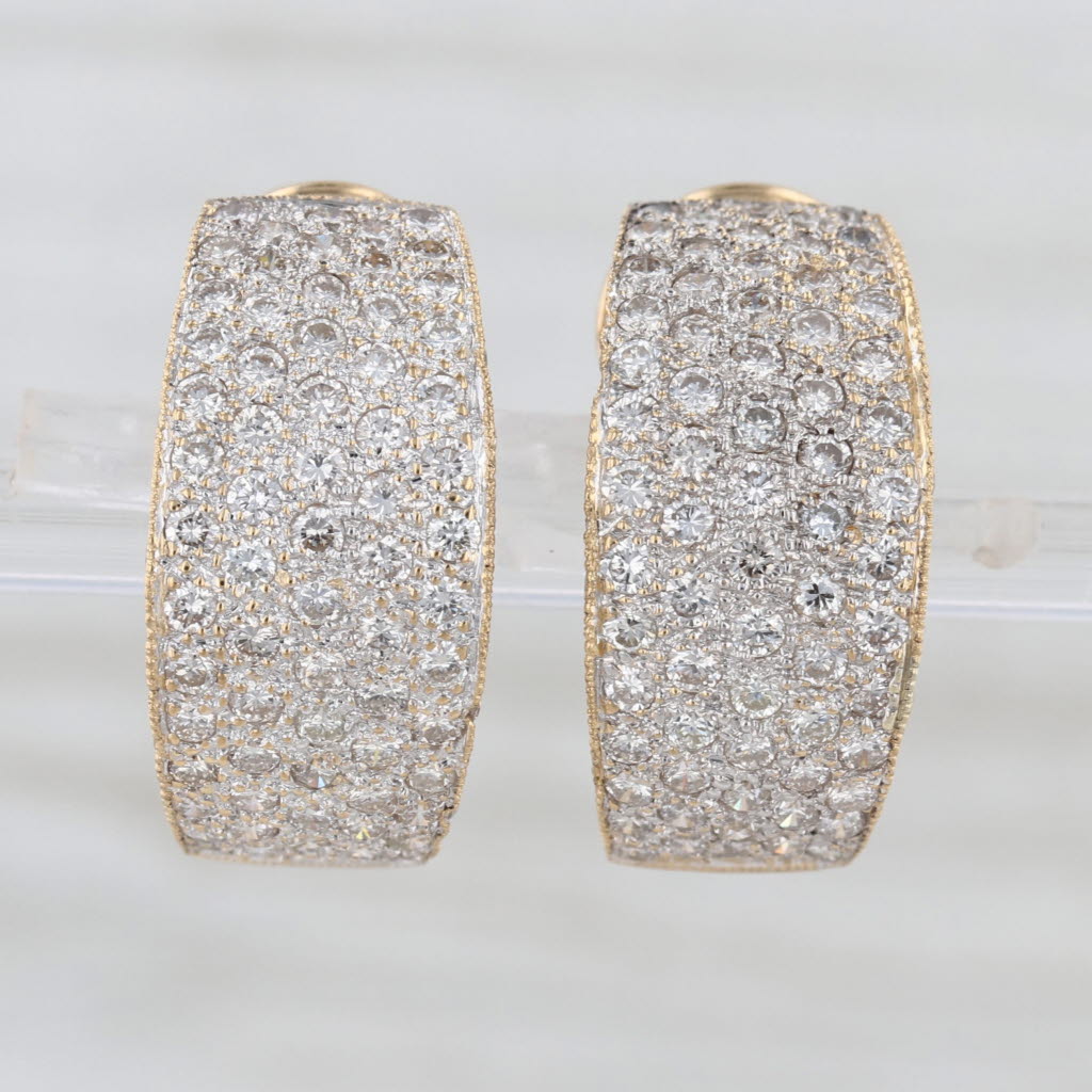 2.28ctw Pave Diamond Half Hoop Earrings 18k Yellow Gold Omega Back Drops