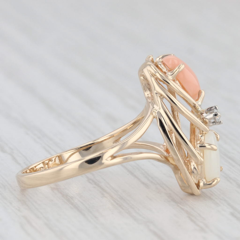 Light Gray Opal Coral Diamond Ring 14k Yellow Gold Size 6.5