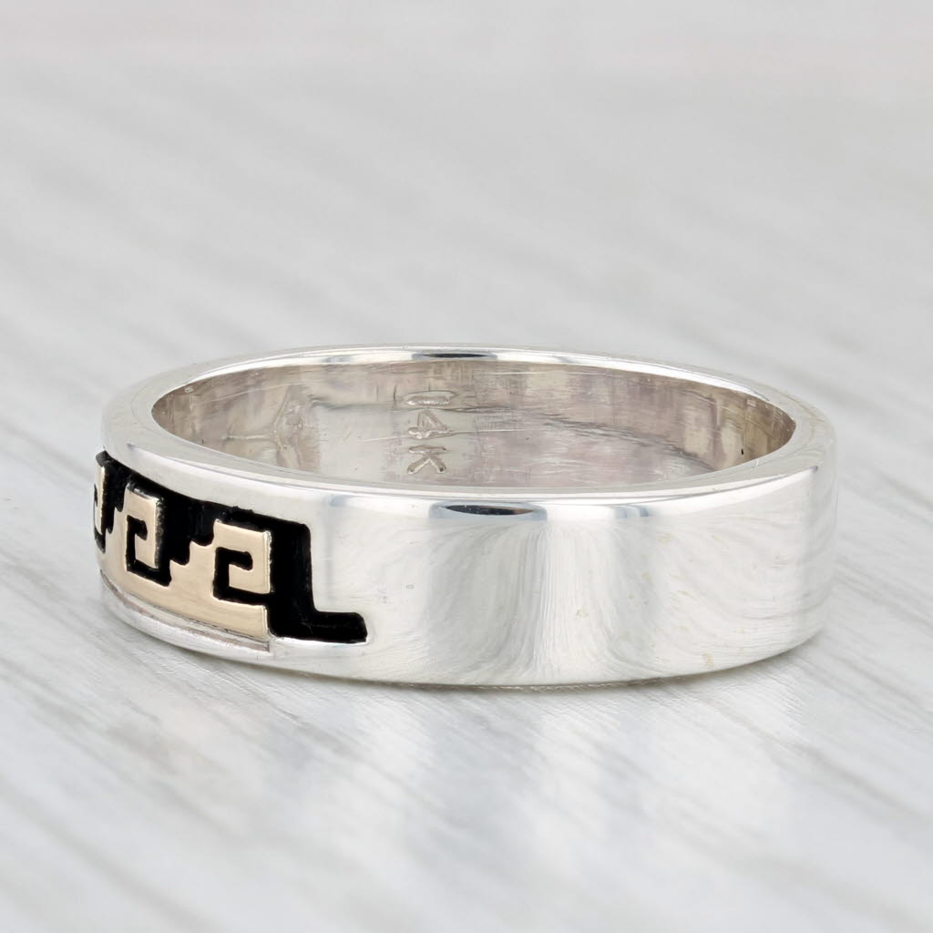 Light Gray Native American Scott Skeet Patterned Ring Sterling Silver 14k Gold Band