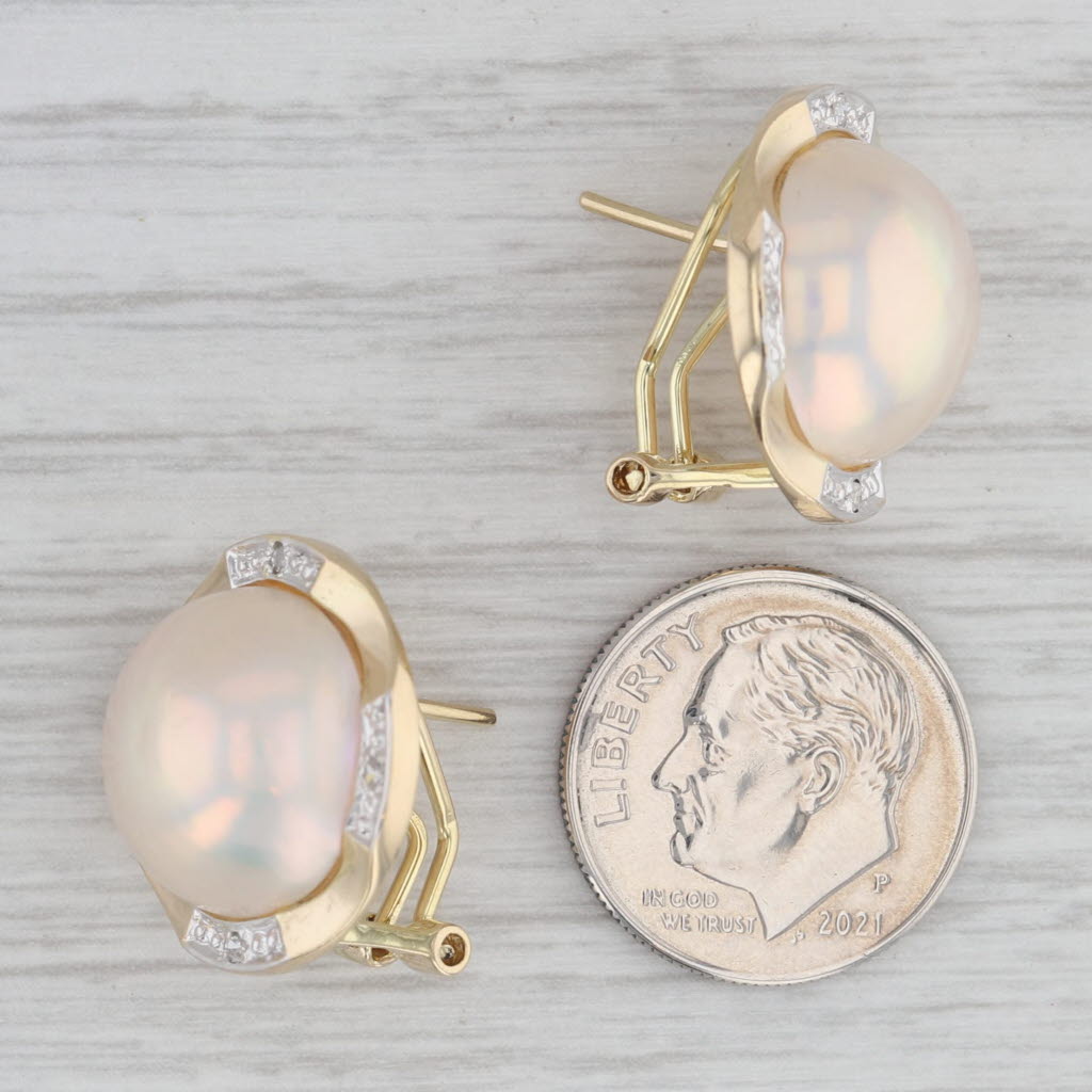 Gray Mabe Pearl Diamond Button Stud Earrings 14k Yellow Gold Omega Backs