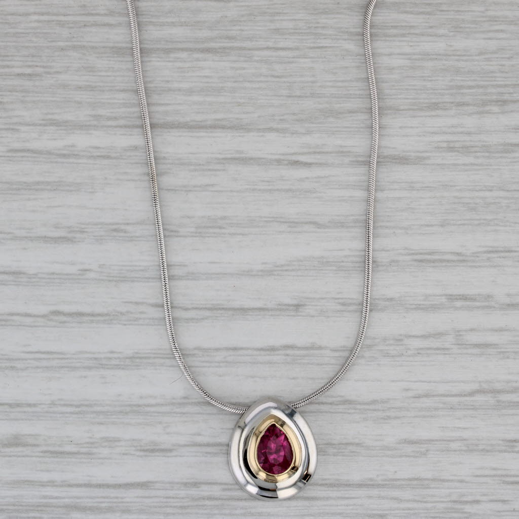Gray 0.90ct Rubellite Tourmaline Teardrop Pendant Necklace 14k White Gold Snake Chain