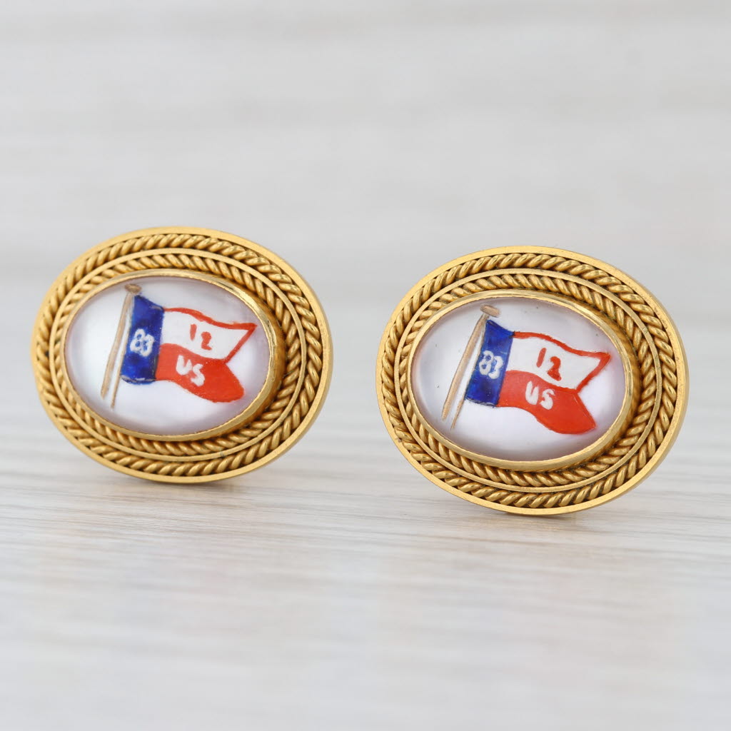 1983 New York Yacht Club Nautical Crossed Burgees Flags Earrings 18k Gold Essex