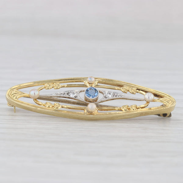 Antique Blue Sapphire Seed Pearl Diamond Ornate Brooch 15k Gold Platinum Pin