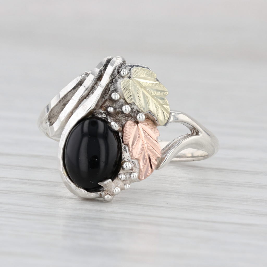 Coleman Co Black Hills Gold Onyx Leaf Ring Sterling Silver 18k Size 8