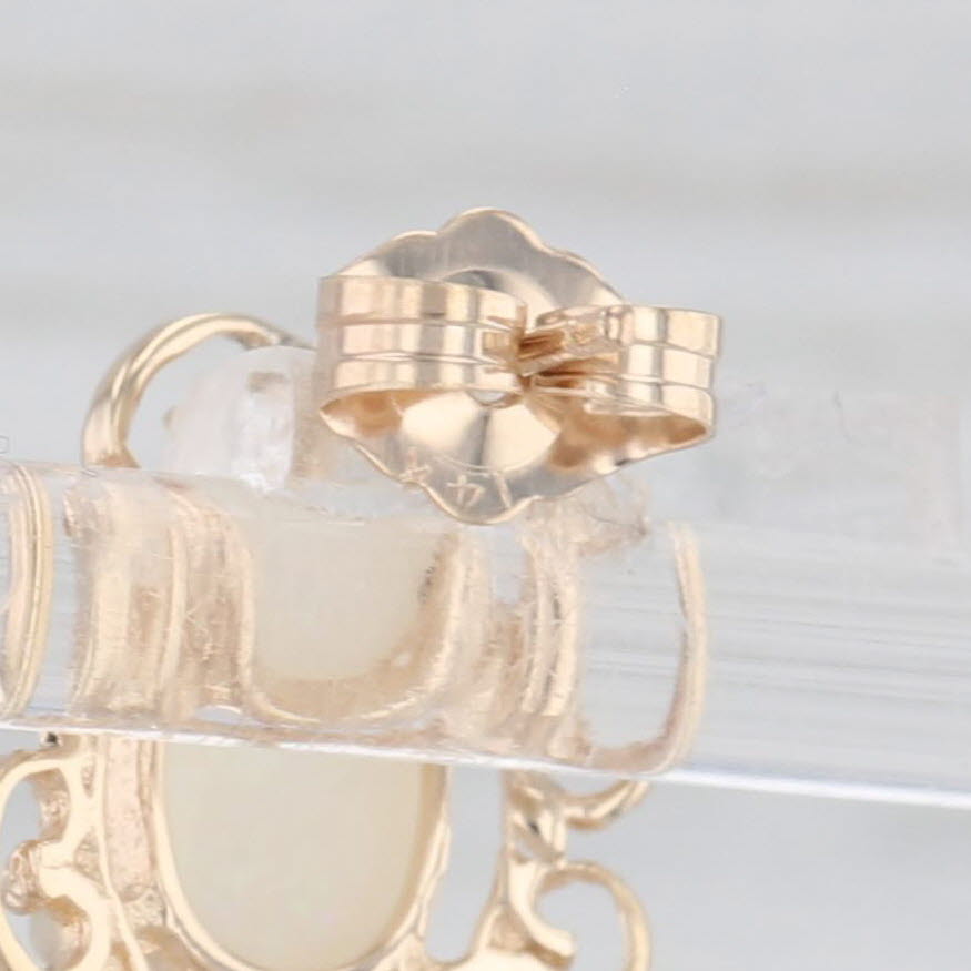 Light Gray Oval Cabochon Solitaire Opal Stud Earrings 14k Yellow Gold Filigree