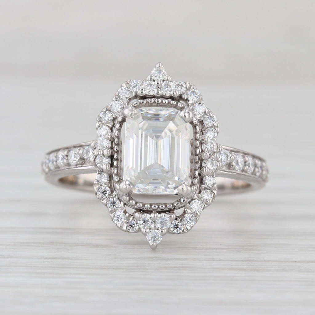 2.18ctw Moissanite Halo Ring Emerald Cut 14k White Gold Size 9-9.25 Engagement