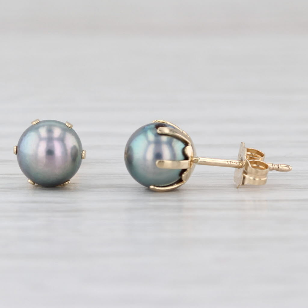 6.4mm Black Cultured Pearl Solitaire Stud Earrings 14k Yellow Gold Studs