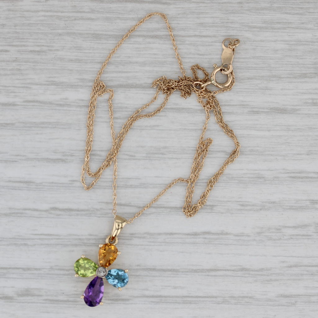 Gray 1.42ctw Gemstone Cross Pendant 14k Gold 19" Peridot Citrine Topaz Amethyst