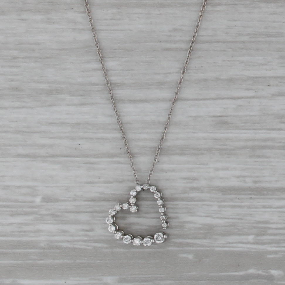 0.20ctw Diamond Open Heart Pendant Necklace 14k White Gold 18" Rope Chain
