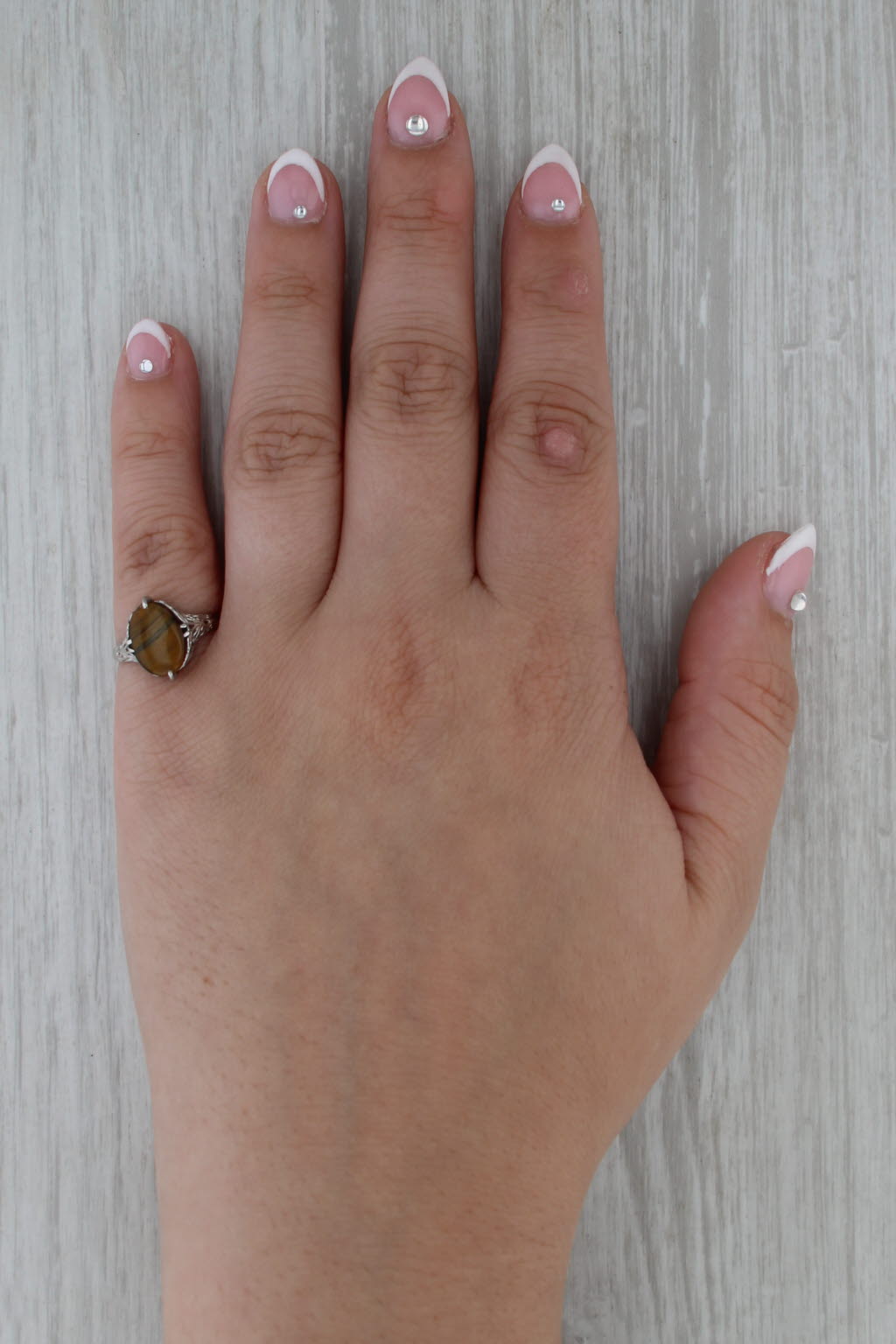 Vintage Tiger's Eye Filigree Ring 14k White Gold Size 6.25