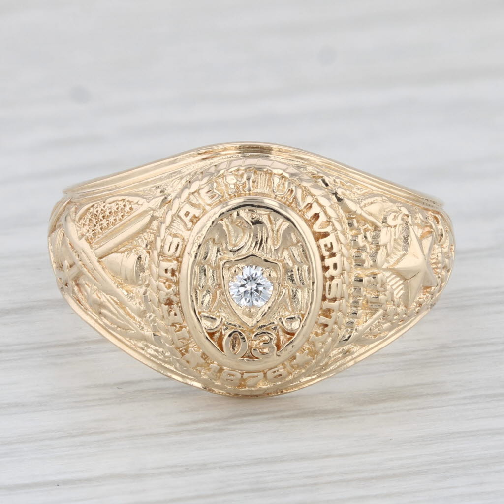Light Gray Texas A & M Class Ring 14k Yellow Gold Diamond Size 8.75