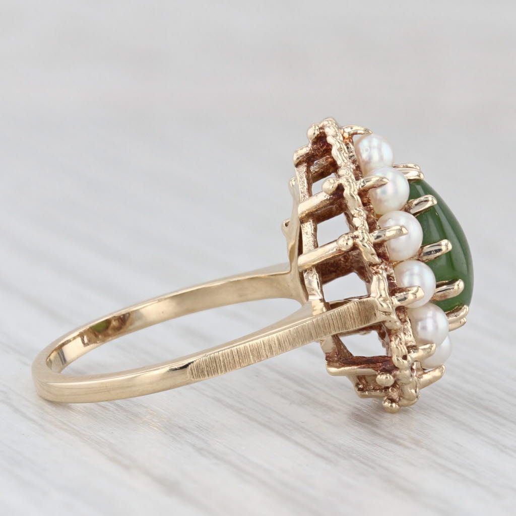 Light Gray Green Nephrite Jade Cultured Pearl Halo Teardrop Ring 10k Yellow Gold Size 6.25