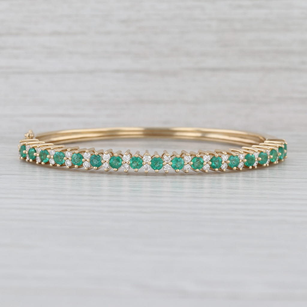 New 3.35ctw Emerald Diamond Bangle Bracelet 14k Yellow Gold 6.5" Hinged