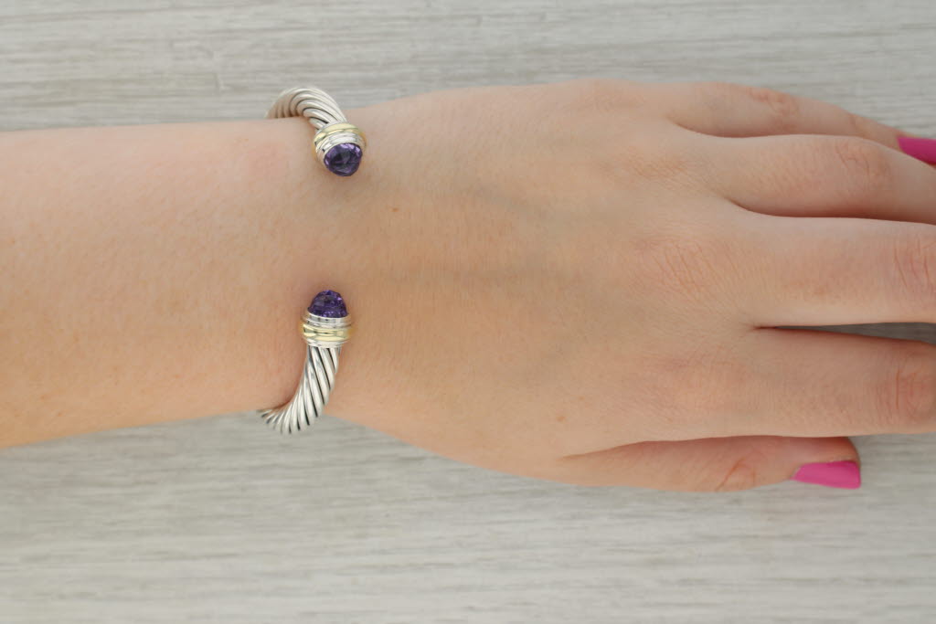 Rosy Brown David Yurman Amethyst Cable Cuff Bracelet Sterling Silver 14k Gold 7"