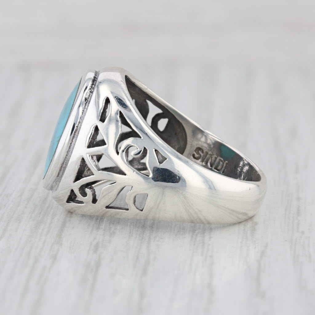 Sindi Blue Resin Imitation Turquoise Ring Sterling Silver Size 11.75 Openwork