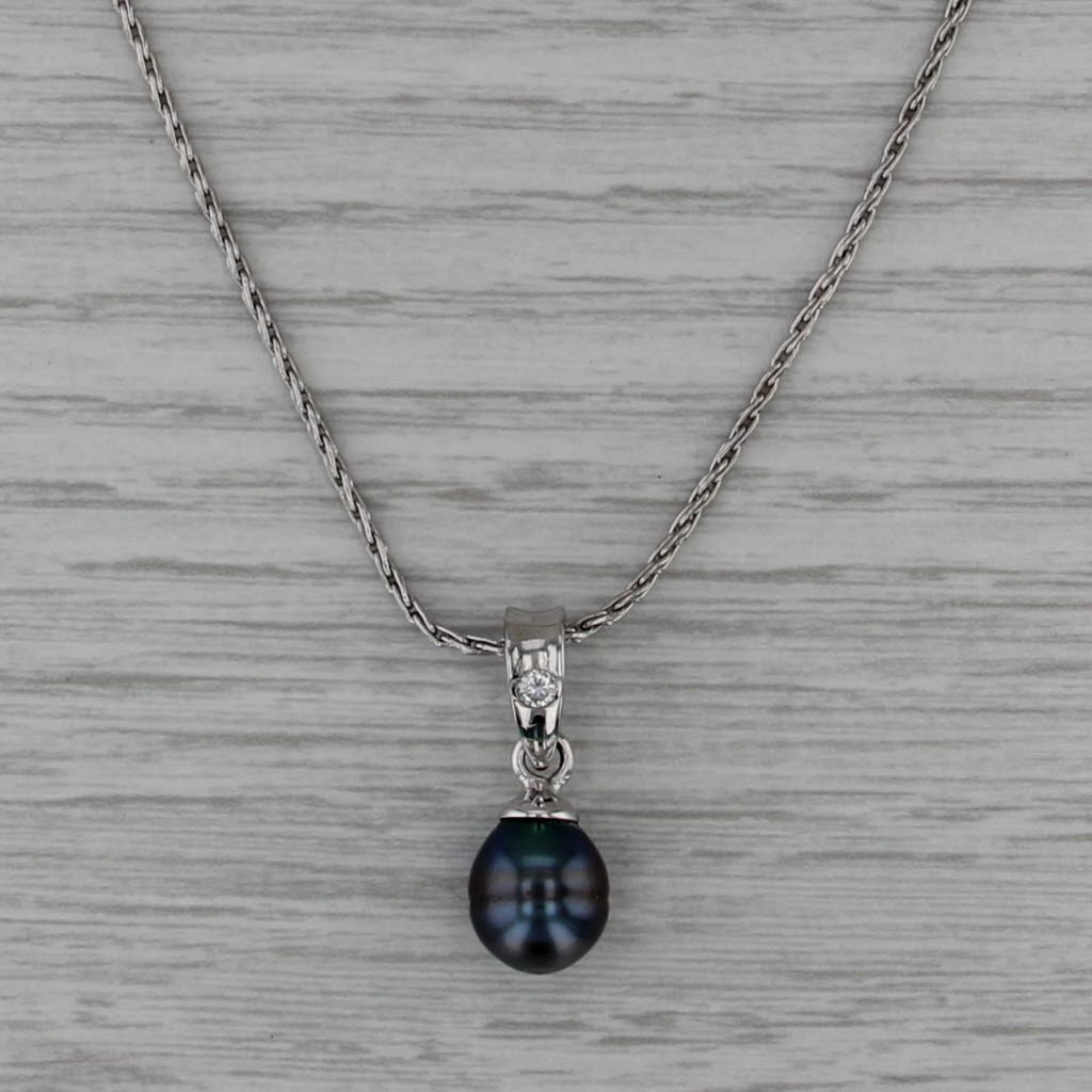 Cultured Black Pearl Diamond Pendant Necklace 14k White Gold 18" Wheat Chain