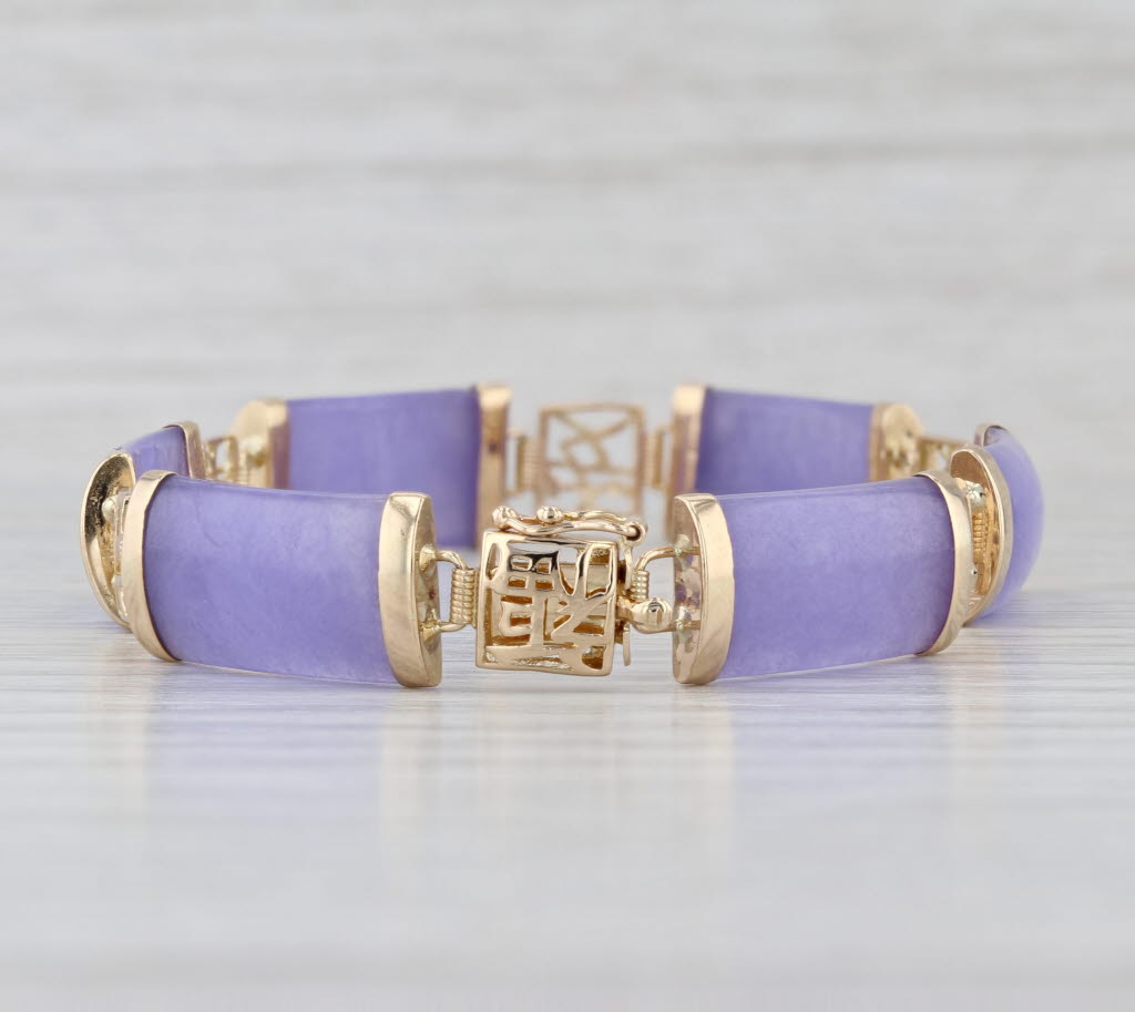 Lavender Jadeite Jade Link Bracelet 14k Yellow Gold 6.75" Chinese Calligraphy