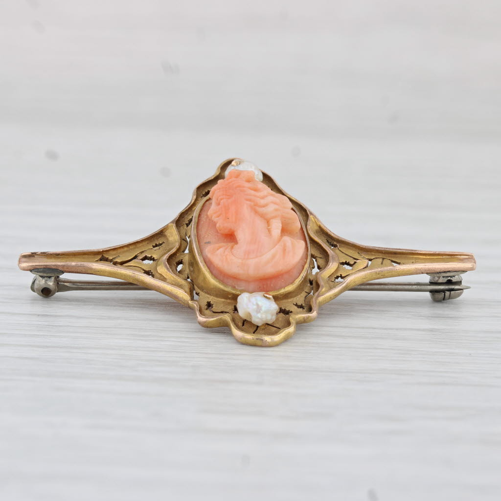 Light Gray Antique Carved Coral Shell Cameo Baroque Pearl Brooch 9k-12k Gold Pin