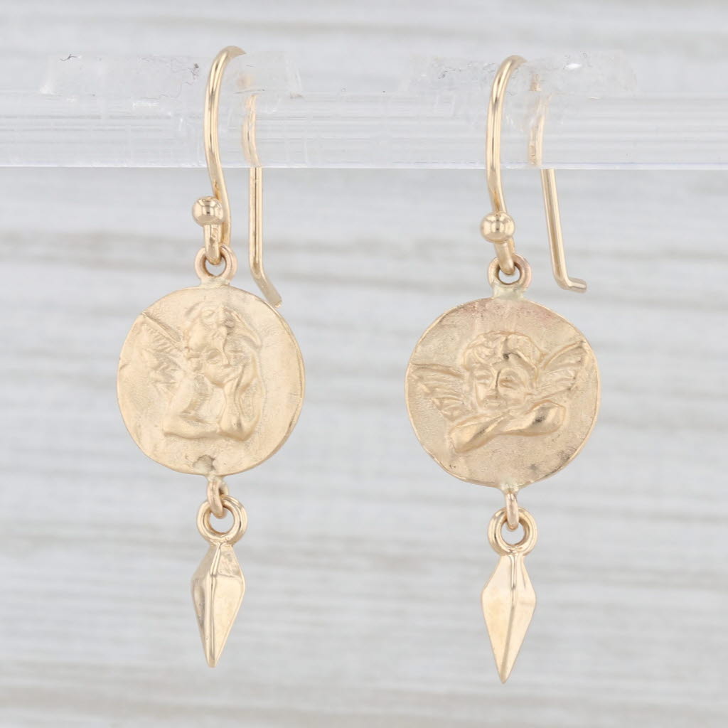 Light Gray Cherub Coin Dangle Earrings 14k Yellow Gold Hook Posts