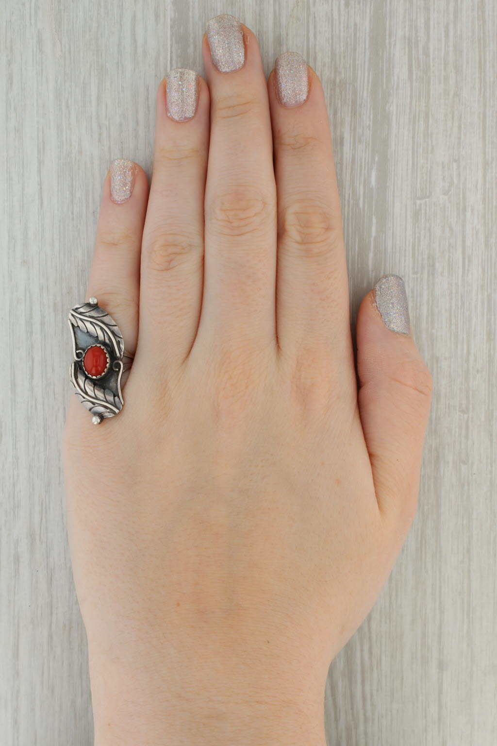 Dark Gray Vintage Native American Red Coral Ring Sterling Silver Size 5.25 Statement