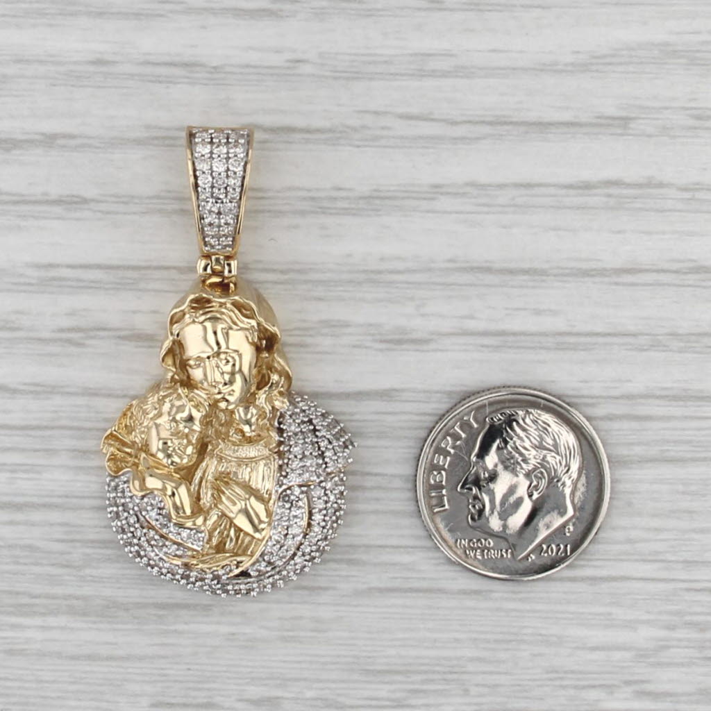 Mother Mary Holding Baby Jesus Pendant 0.96ctw Diamond 10k Gold Statement