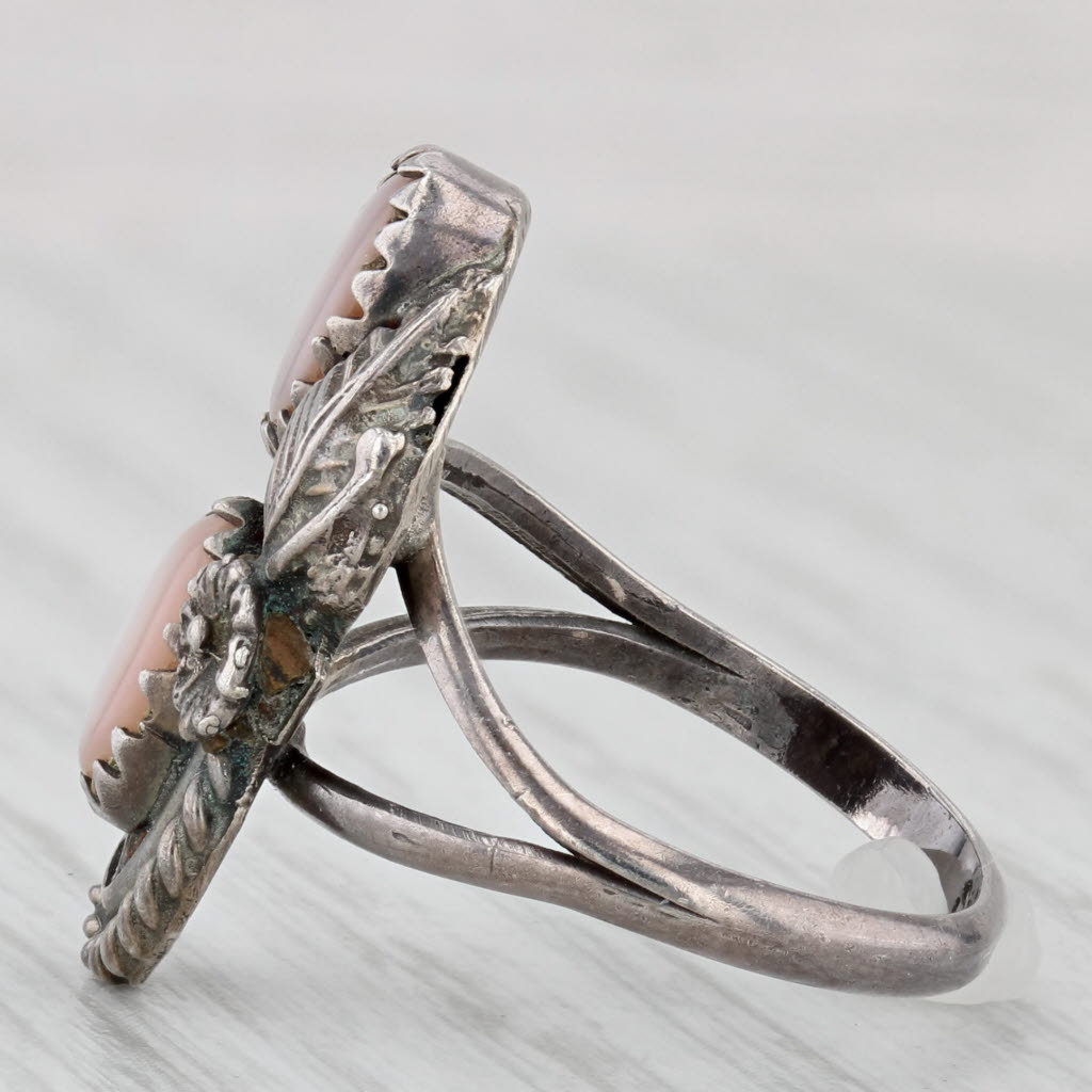 Light Gray Pink Mother of Pearl Floral Feather Ring Vintage Sterling Silver Size 5.25