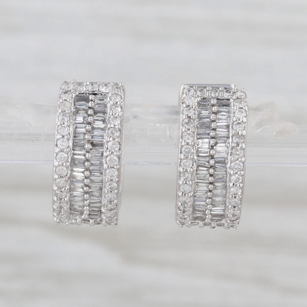 0.51ctw Diamond Hoop Huggie Earrings 10k White Gold Hinged Round Hoops