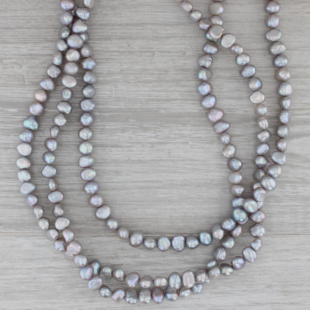Dark Gray Gray Pearl Semi Baroque Three Strand Necklace 14K Gold Clasp 17.75"