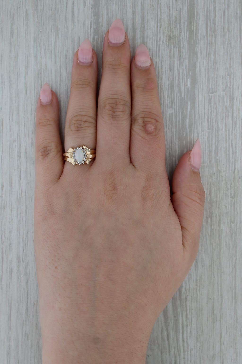 Oval Opal Cabochon Diamond Halo Ring 10k Yellow Gold Size 7